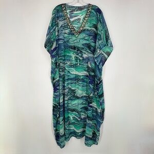 Beaded V-Neck Green & Blue Swim Coverup Kaftan